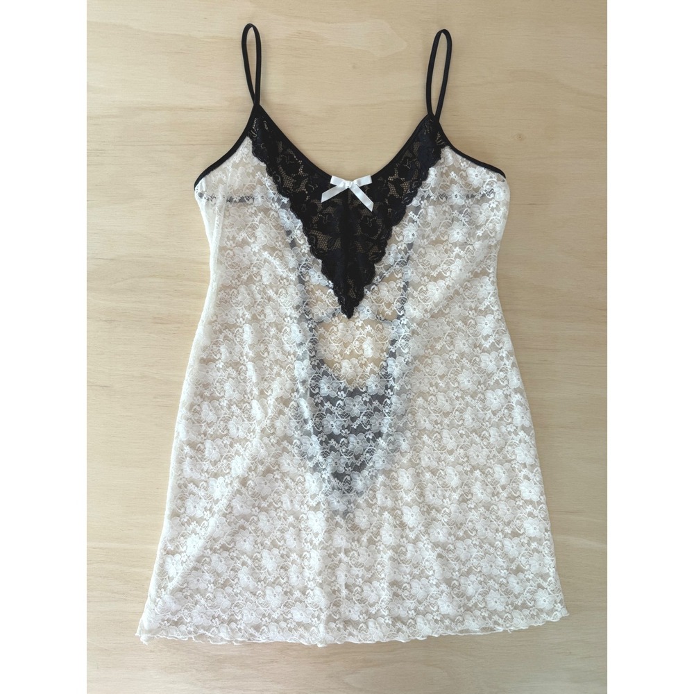 Womens White Floral Lace Chemise Nightgown Black Trim Strappy Back Babydoll - S